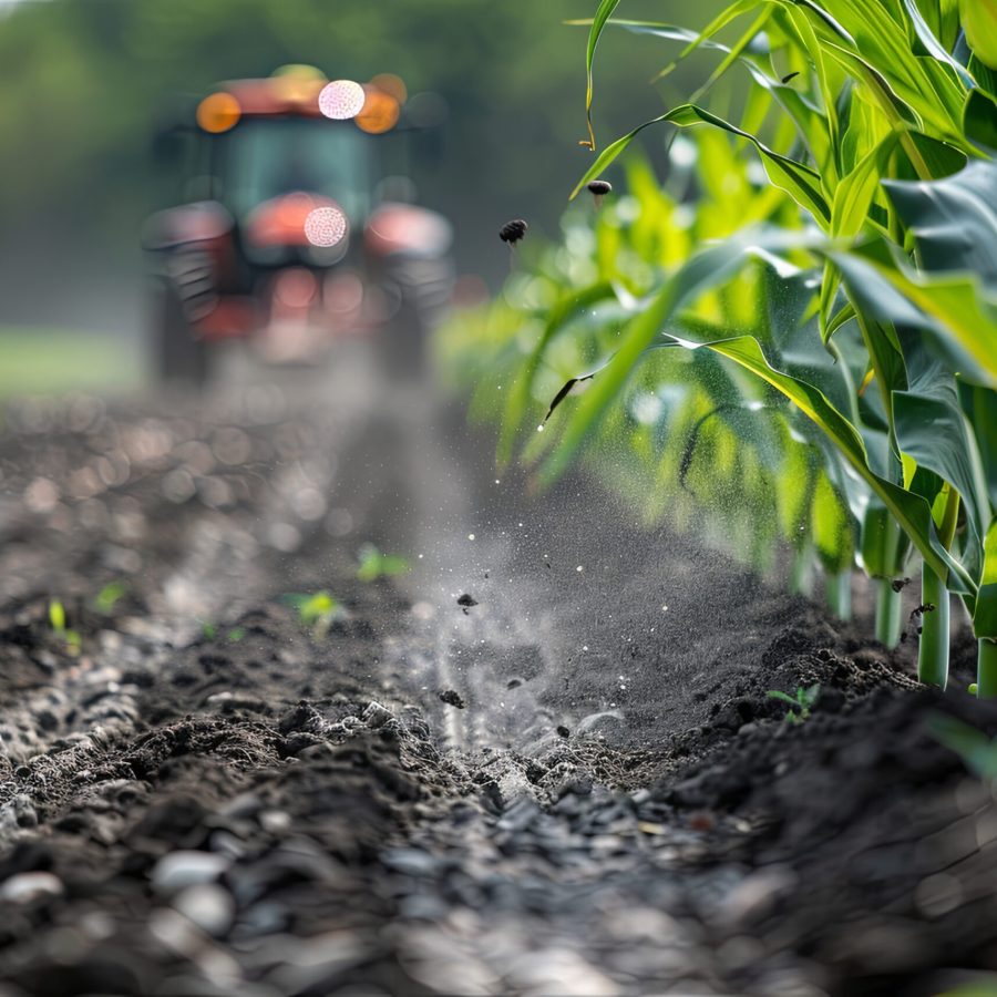 Tractor applying fertilizer to corn crops in spring